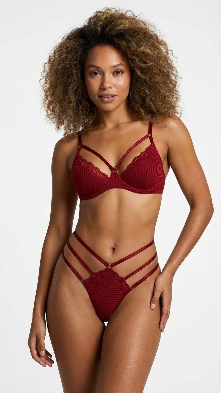 Bordo Yanları İpli Strappy Tanga - Yan Çoklu Şerit Detayı